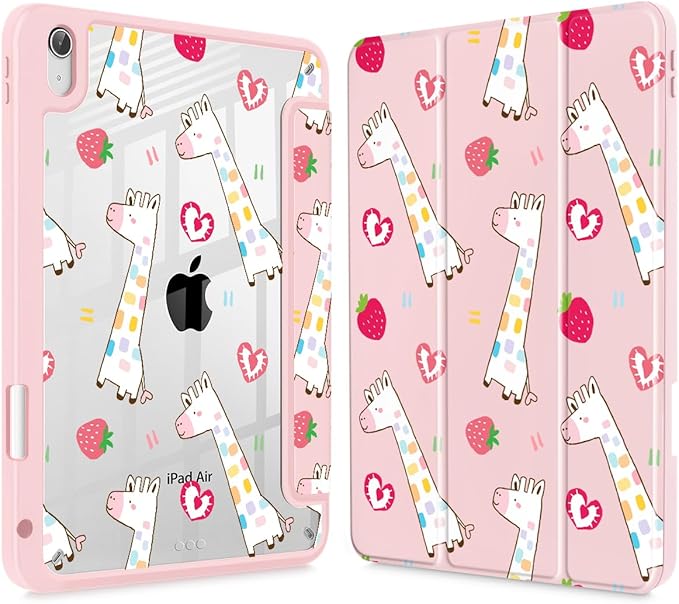 Case for iPad Air 11'' (M4 2026/M3 2025/M2 2024)/ iPad Air 10.9'' Air 5th /4th Gen Shockproof Cover with Clear Back Shell &amp Penceil Holder Auto Wake/Sleep Stand Cover Giraffe-Strawberry-Pink
