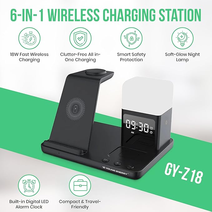 Wireless Charger 6 in 1 Wireless Charging Station for Cell Phone Wireless iPhone 15/14/13/12/11/X/8 Samsung Galaxy S23–S8 Pixel Apple Watch Series 2–9/SE/Ultra AirPods Pro – Fast Qi Charger