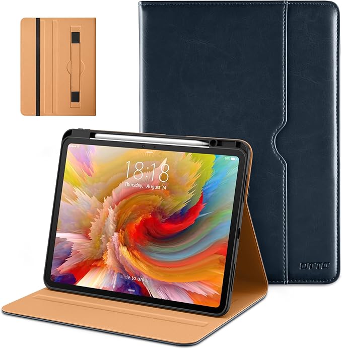 DTTO for iPad Pro 13 inch Case (M5/M4) 2025/2024 Premium Leather Business Folio Stand Cover with Pencil Holder - Auto Wake/Sleep &amp Multiple Viewing Angles Built in Hand Strap &amp Pocket Blue
