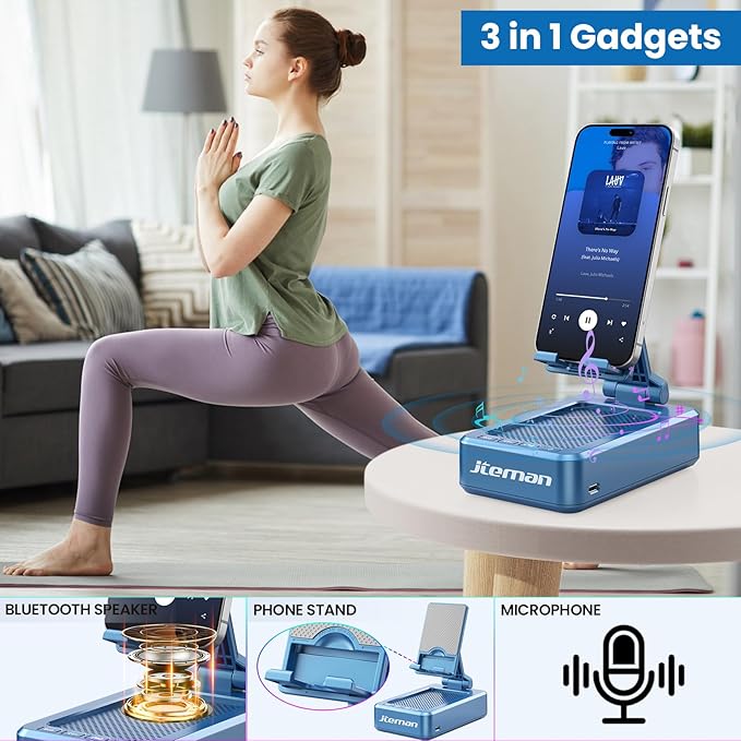 JTEMAN Phone Stand with Wireless Bluetooth Speaker HD Surround Sound Bluetooth Speaker for Desk Perfect for Home Kitchen Gadgets GiftsCompatible with iPhone/ipad/Samsung Galaxy(Blue)