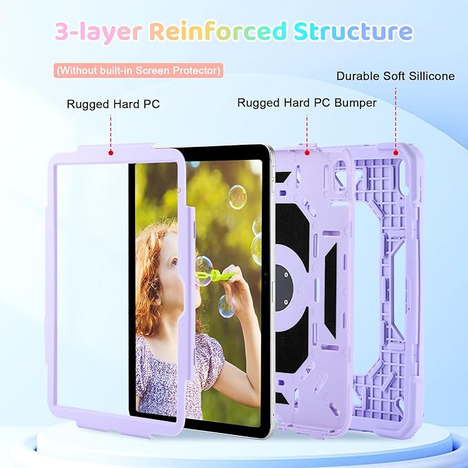 Case for iPad (A16) 2025 11th Gen 10.9'' iPad 10th Generation 2022 10.9'' with Tempered Glass Screen Protector Rugged Kid Case with Shoulder Strap/Pencil Holder/Folding Stand (Light Purple)