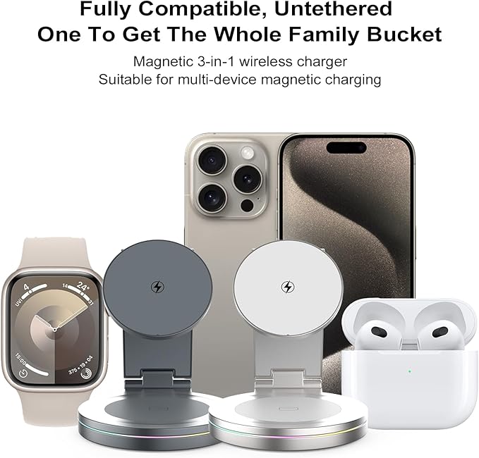 Foldable 360º Rotatable Zinc Alloy 3-in-1 Magnetic Wireless Charger Charging Station Charging Stand15W for iPhone 12-175W for Apple WatchesAirPods(Adapter Included) (Black)