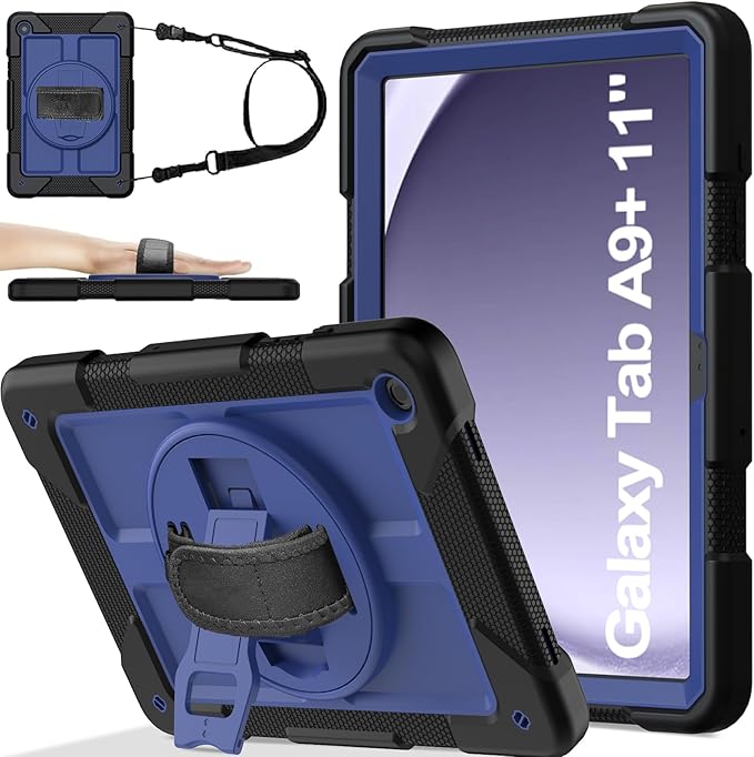 BMOUO for Samsung Galaxy Tab A9+ Plus Case 11 2023 (SM-X210/X216/X218) Shockproof Galaxy Tab A9 Plus Case with Rotating Stand and Hand/Shoulder Strap Navy Blue and Black