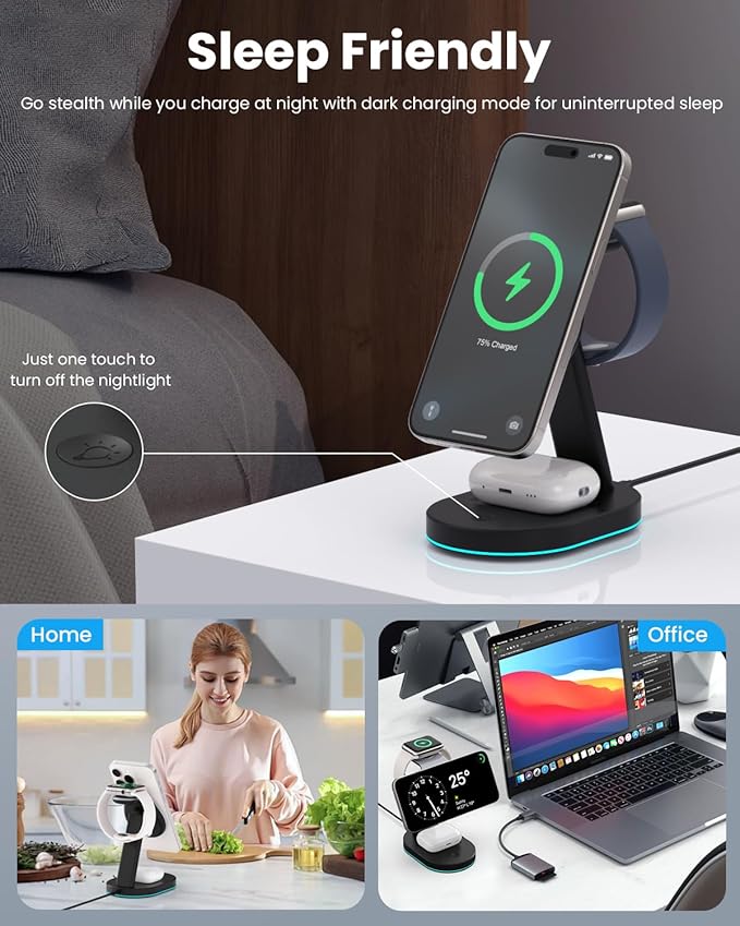 3 in 1 Wireless Charger Charging Station for iPhoneQi2 Certified 15W Magnetic Charging Stand for Mag-Safe with 30W USB C Adapter&ampFriendly Night Light for iPhone 17/16/15/14/13/12Apple WatchAirP