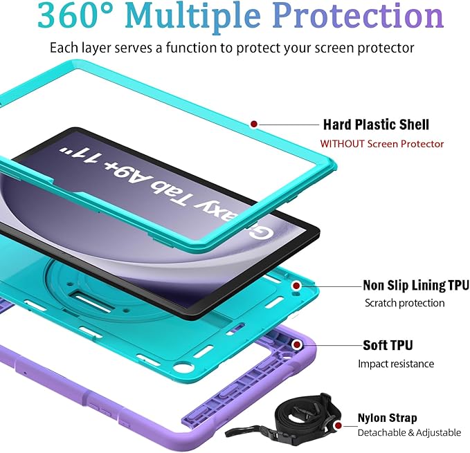BMOUO for Samsung Galaxy Tab A9+/A9 Plus Case 11 2023 (SM-X210/X216/X218) Shockproof Galaxy Tab A9 Plus Case with Rotating Stand and Hand/Shoulder Strap Purple+Teal