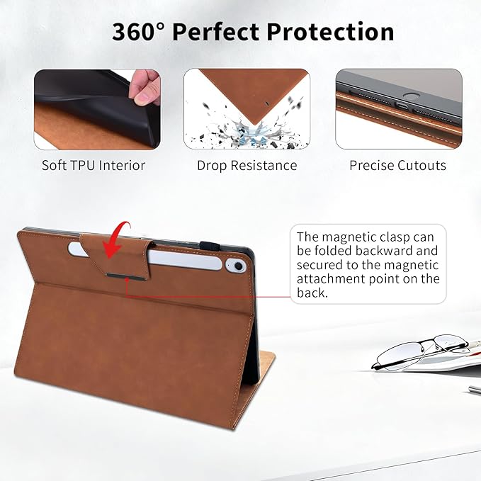 Case for Samsung Galaxy Tab S10 FE Plus 13.1 Inch 2025 Model(SM-X620/X626B) - Multi-Angle Viewing Stand Cover with Pocket and Magnetic Clasp PU Leather Business Folio Protective Case Brown