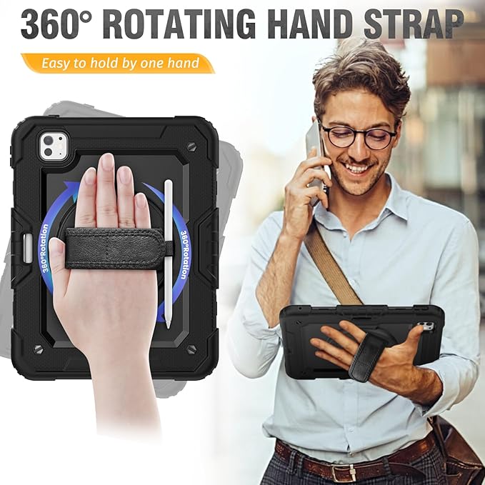 HXCASEAC for iPad Pro 11 Inch Case (M5/M4) 2025/2024 Shockproof Design with Pencil Holder Protector Rotating Stand Hand Strap Heavy Duty Protective iPad Pro11 6th/5th Generation Cover Black