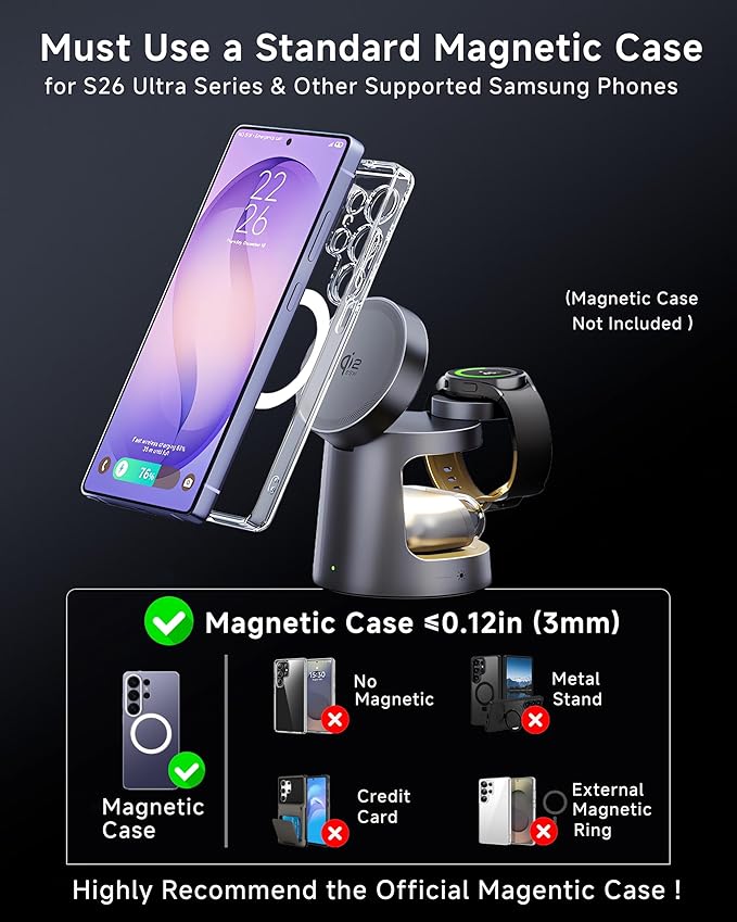 Qi2 Certified Magnetic Wireless Charger for Samsung 3-in-1 Fast Mag-Safe Charging Station with Night LightCompact Travel Charger Stand for S26 Ultra/S25 Ultra &ampGalaxy Watch Ultra 8/7