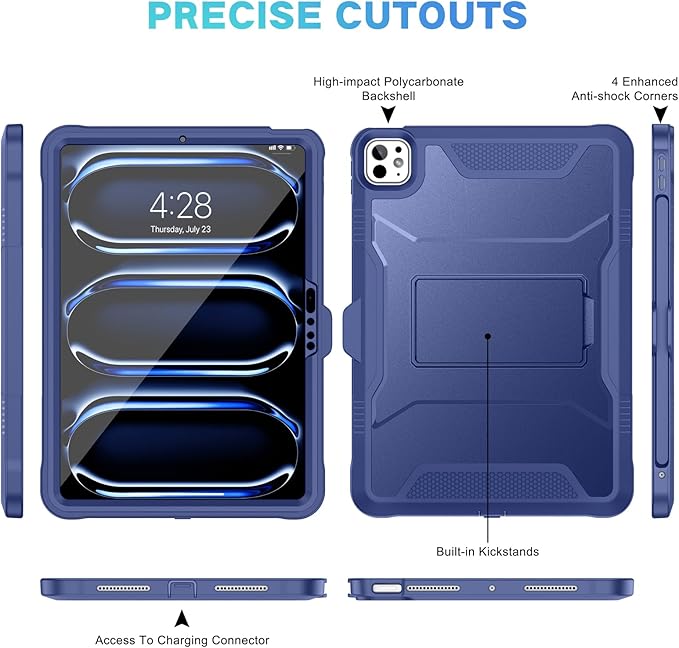 Soke Case for iPad Pro 11 Inch (M5) 2025/ (M4) 2024 with Built-in Screen Protector &amp Kickstand Rugged Full Body Heavy Duty Protective Cover with Pencil Holder - Navy