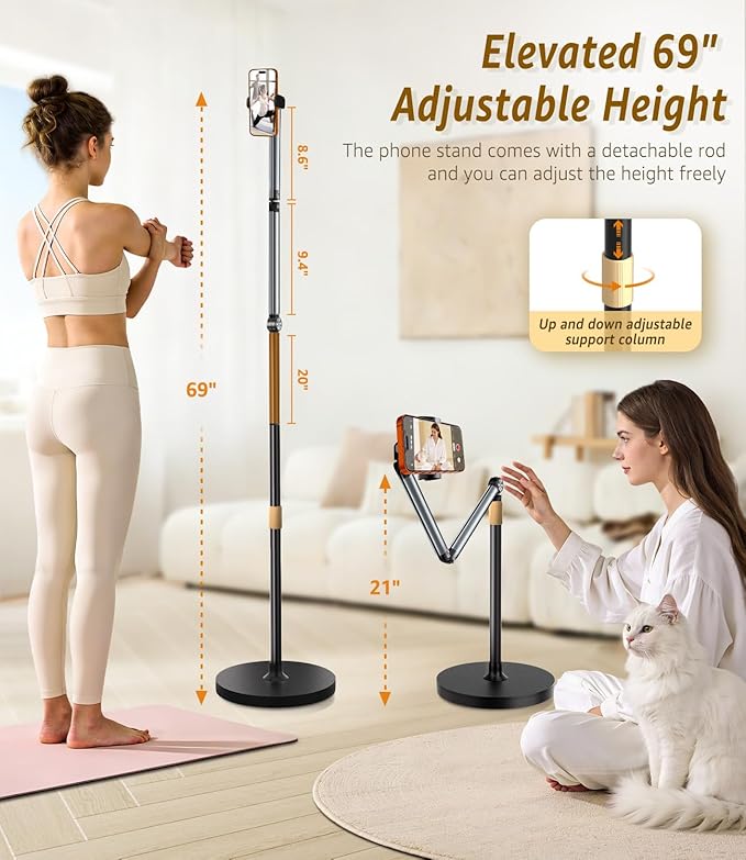 Phone Floor Stand Cell Phone Stand with Flexible Arm for Bed 69 Height Adjustable iPhone Stand Stable Overhead Tripod with 360°Rotatable Phone Holder &amp Remote for Recording Sofa Desk