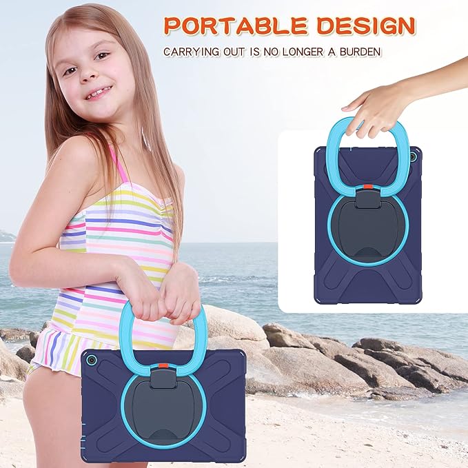 360 ° Rotation Portable Case for Fire HD 10 &amp 10 Plus Tablet（11th Generation 2021 Release Rugged Case Rotating Stand Hand Strap Shoulder Carrying Strap Outdoor Cover (Navy+Blue)
