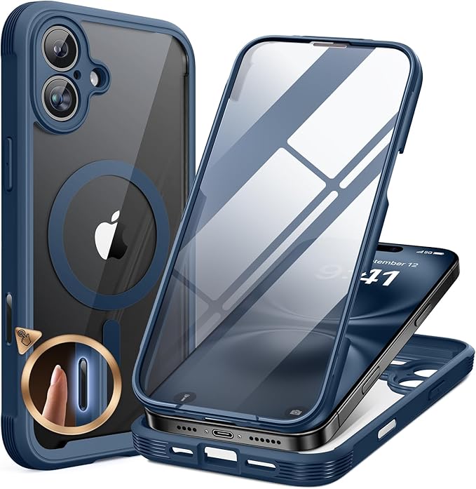 Miracase Magnetic for iPhone 16 Plus Case Full-Body Phone with Built-in Glass Screen Protector [Compatible with MagSafe] Military Drop Proof 16 Plus Cover Bumper Storm Blue