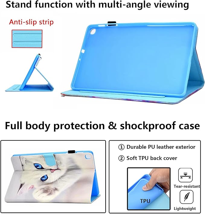 for Amazon Kindle Fire HD 10 Case 9th/7th/5th Generation (2019/2017/2015) 10.1 with Stand/Pencil Holder/Pockets [Auto Wake/Sleep] Magnetic Smart PU Leather Wallet Cover White Kitten Cat