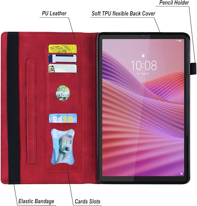 Shockproof Case for Lenovo Tab One 8.7 inch 2025 Model - Retro PU Leather + TPU Hybrid Protective Cover with Anti-Slip Grip Strap &amp Card Slots -Red