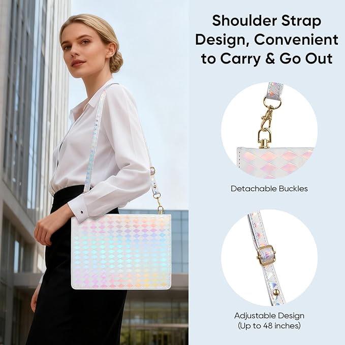 Tablet Carrying Shoulder Bag Case for Samsung Galaxy Tab S10 Lite/ S10 FE/S9 FE/S9/S8/S7 Iridescent Diamond Texture Envelope PU Leather Hand Strap Cards Holder Pocket S Pen Holder CaseSilver