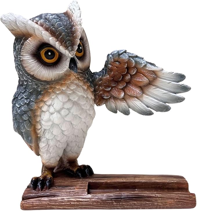 Whimsical Owl Cell Phone Stand and Decorative Mobile Phone Holder for Desk - Owl of Wisdom and Mystery Sturdy Resin Smartphone Holder Unique Owl Gift for Protection and Style