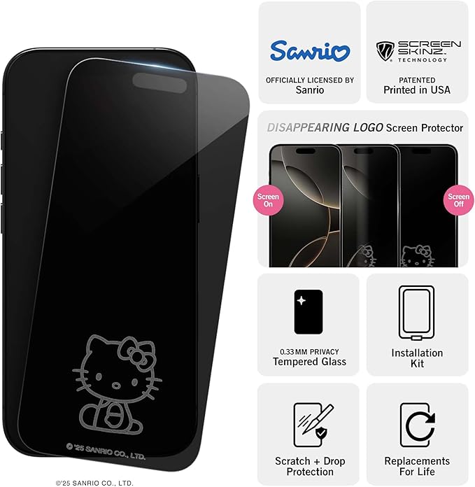 Hello Kitty Looking Privacy Screen Protector for iPhone 1516 and 15 Pro- with Disappearing Logo - Scratch-Resistant and Easy-to-Install Screen Protectors (Includes Installation Tray)
