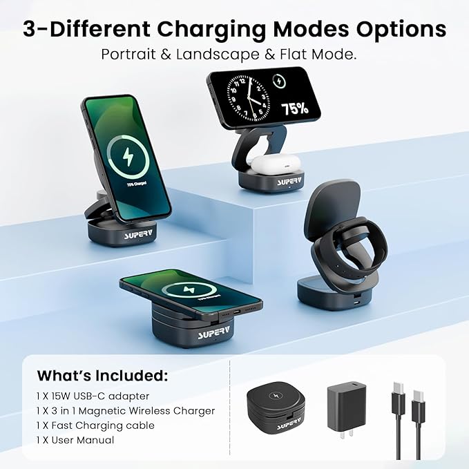 SUPERV 3-in-1 Wireless Charging Station: Charger Stand for Multiple Devices for Apple - iPhone 17/16/15/14/13/12 Series Apple Watch Airpods Portable Travel Charging Station (Black)