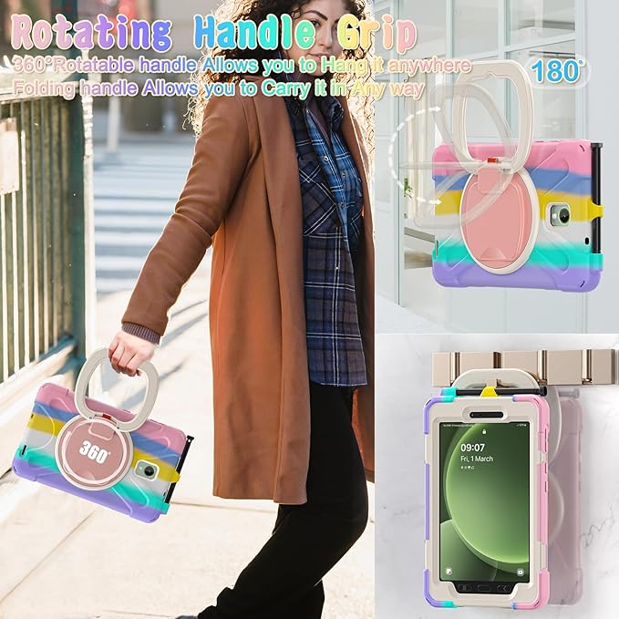 Rugged Case for Samsung Galaxy Tab Active5 5G (SM-X306B/X300) w/ 360° Rotating Hanging Ring Handle Grip Kickstand Heavy Duty Shock-Proof Armor Cover w/Shoulder Strap Stylus Holder (Macaron)