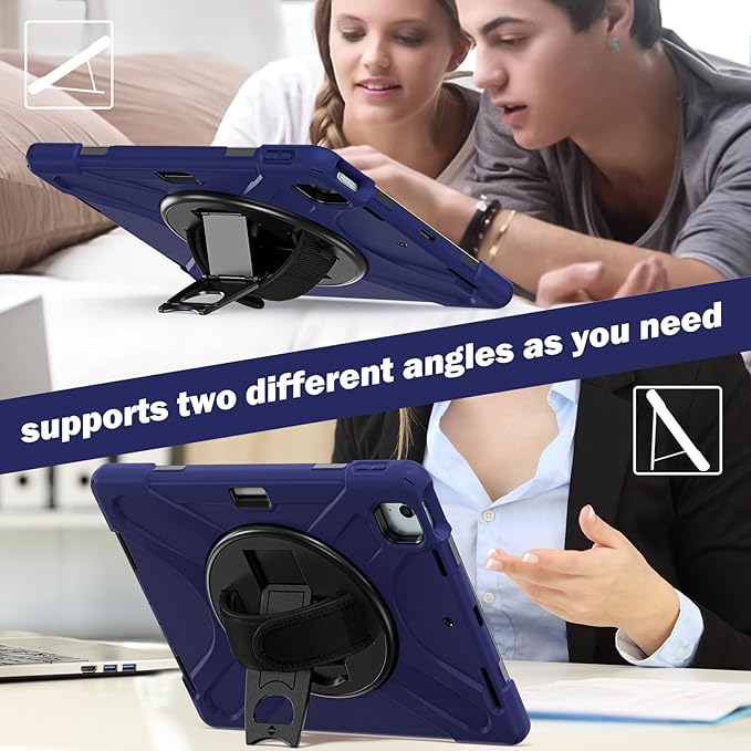 for iPad Air 13-inch M2 (2024) A2898/A2899 for iPad Pro 12.9 Rugged Case Portable Heavy Duty Shock-Proof Armor Cover with Swivel Kickstand/Hand Grip Shoulder Strap Pencil Holder (Navy)