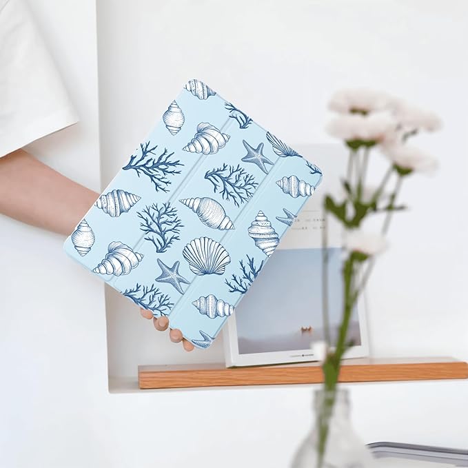 Cute Conch Shell for iPad Air 11 Inch Case 7th/6th Generation (M3/M2) 2025/2024 with Pencil Holder Auto Sleep/Wake Blue Leather Soft TPU Back Cover