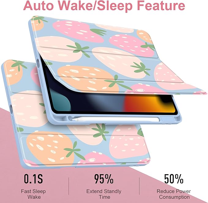 MEEgoodo Case for iPad 10.2 inchTablet Cases for iPad 9th Generation 2021/8th Gen 2020/7th Gen 2019 with Clear Acrylic Back Shell+Pencil Holder+Auto Wake/Sleep+Trifold StandCute Drawn Strawberries