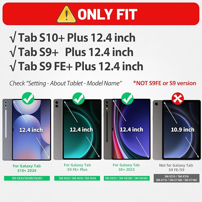 HXCASEAC Case for Samsung Galaxy Tab S10+ Plus / S9 Fe+ / S9+ 5G 12.4 inch Protective with Screen Protector/S Pen Holder/ 360 Rotating Stand Hand Strap - Black