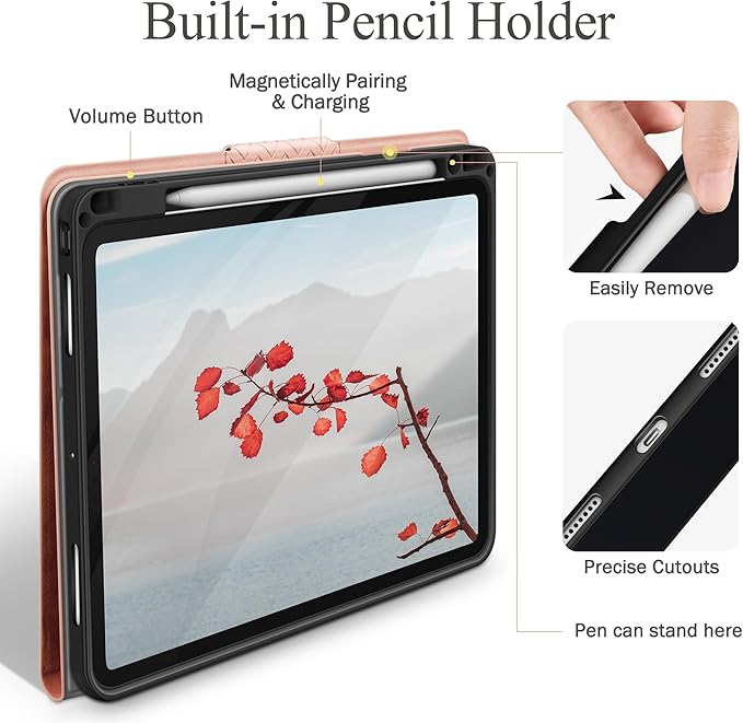 auaua Case for iPad Pro 11 Inch (M5/M4) 2025/2024 PU Leather Case with Pencil Holder Supports Pencil Pro and Pencil(USB-C) Adjustable Angles Auto Sleep/Wake (Pink)