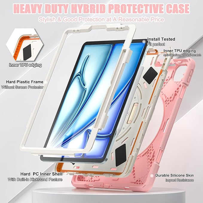 for iPad Air 13-inch M2 (2024) A2898/A2899 for iPad Pro 12.9 Rugged Case Portable Heavy Duty Shock-Proof Armor Cover with Swivel Kickstand/Hand Grip Shoulder Strap Pencil Holder (Pink)
