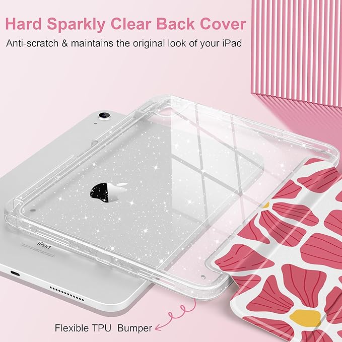MEEgoodo Case for iPad A16 11th Generation 2025/10th Generation 2022 Glitter Tablet Cases with Transparent Acrylic Back+Trifold Stand +Pencil Holder+Auto Wake/SleepPrint with Flowers