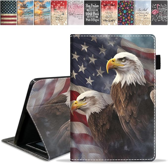Case for Amazon Kindle Fire 7 Tablet (7 9th/7th Generation 2019/2017 Release) Slim PU Leather Cover with Card Slot &amp Auto Wake/Sleep Patriotic American Flag Bald Eagle
