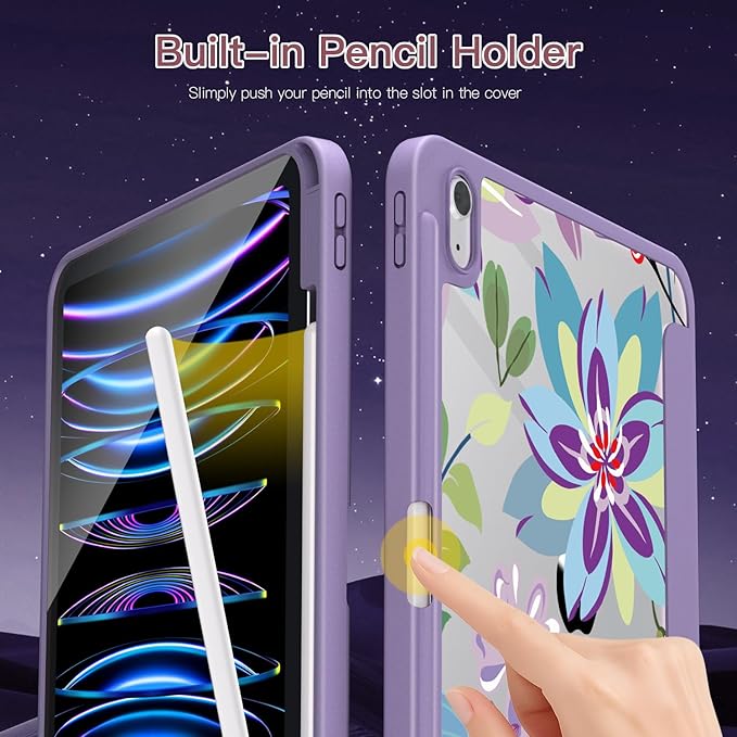 Teryeefi for iPad 11 inch (A16) 2025 11th Gen/iPad 10.9 inch 2022 10th Gen Built in Pencil Holder with Crystal Clear Hard Shell Back Cover with Auto Wake/Sleep &amp Stand Function Stylish Flower