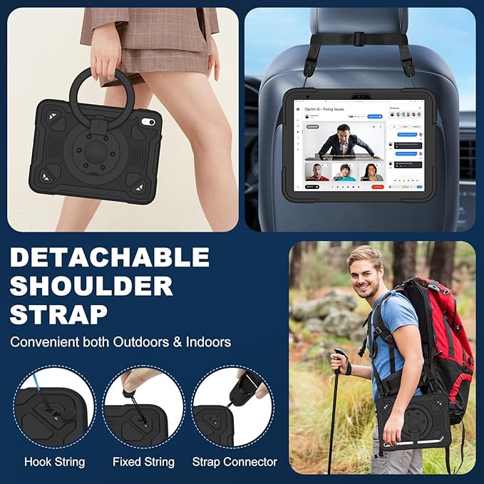 Case for iPad (A16) 11th Generation 11 Inch 2025/iPad 10th Generation 10.9 Inch 2022 with Built-in Screen Protector 360°Rotating StandShoulder Strap Full Body Heavy Duty Protective Cover (Black)