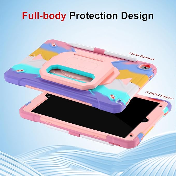 Case for iPad 9th Generation (2021) /iPad 8th Gen (2020)/iPad 7th Gen (2019) Military Grade Shockproof iPad Case Built-in 360°Rotating Stand/Pen Slot/Shoulder Strap for iPad 10.2 (Colorful)