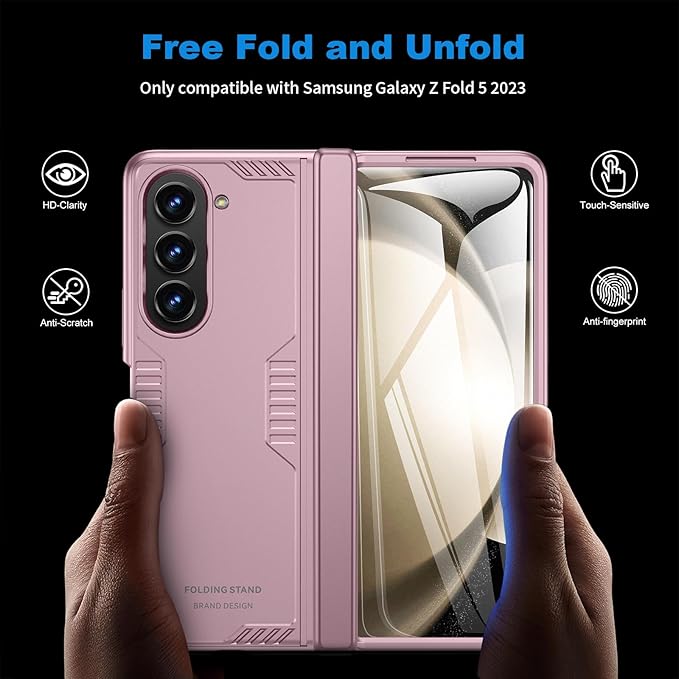 Phone Case for Samsung Z-Fold-5: [Hidden Kickstand][Wireless Charging] Slim Hinge Protection Lightweight Stand Case with Screen Protector- Protective Cover for Galaxy Fold 5 5G 2023 (Rose Gold)