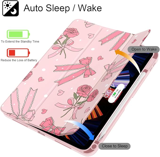 Tuiklol Case for iPad 11 inch (A16 Chip) 2025 Gen 11th / iPad 10.9 inch 2022 10th Gen Buit in Pencil Holder with Shockproof Cover Clear Transparent Back Shell Auto Wake/SleepBow &amp Rose