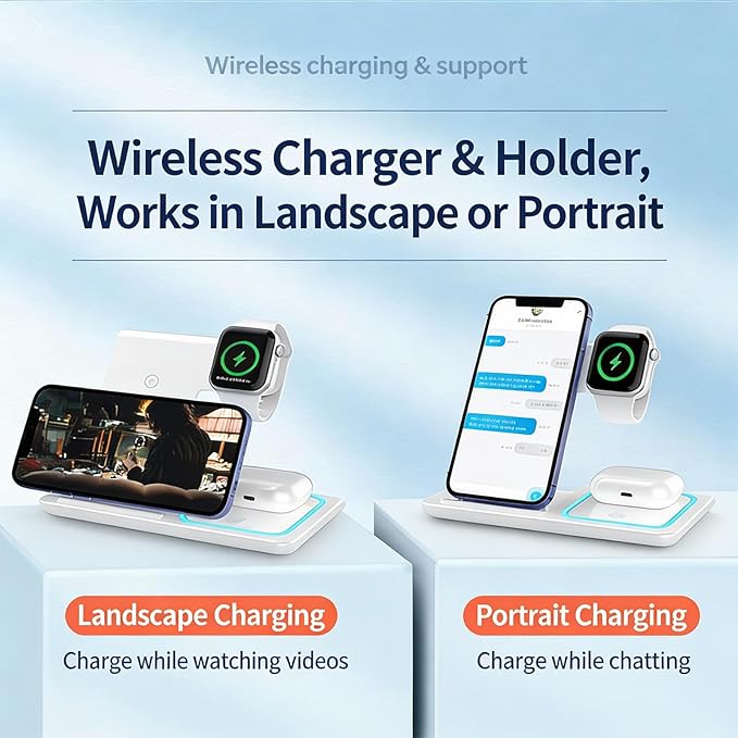 3-in-1 Foldable Wireless Charger with Night Light - 15W Fast Wireless Charger for Simultaneous Charging of Phone Watch &amp Earbuds Compatible with All Qi-Certified DevicesX455 White.