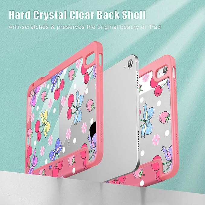Tuiklol for 2025 iPad (A16 Chip) 11th Generation 11 inch/iPad 10th Generation 10.9 inch 2022 Case Buit in Pencil Holder with Clear Back Shell Cover Trifold Stand Auto Wake/SleepStrawberry Cherry