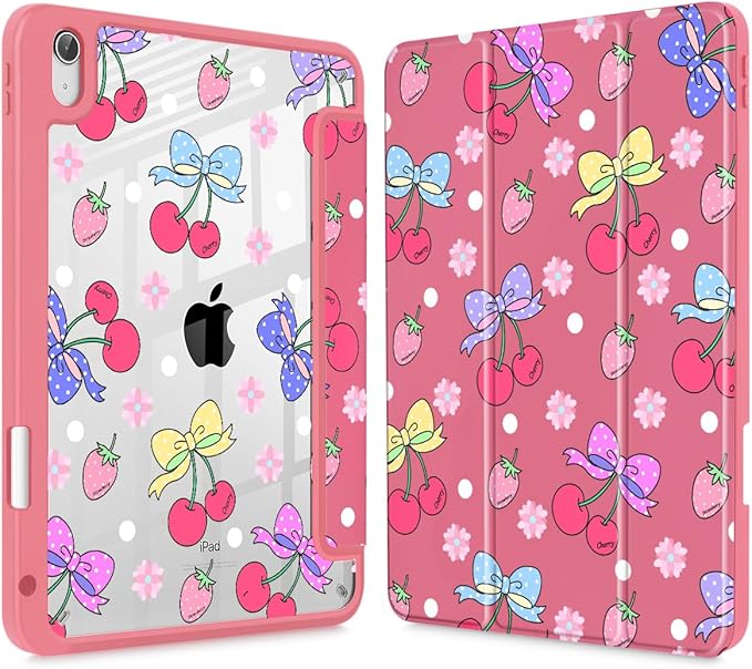 Tuiklol for 2025 iPad (A16 Chip) 11th Generation 11 inch/iPad 10th Generation 10.9 inch 2022 Case Buit in Pencil Holder with Clear Back Shell Cover Trifold Stand Auto Wake/SleepStrawberry Cherry