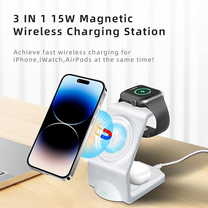 Wireless Charger Charging Station Magnetic 3 in 1 Charging Station for Apple Multiple Devices for Apple -15/14 Pro Max iWatch Ultra/8/se/7/6/5/4/3/2 AirPods2/Pro Phone ChargerWhite