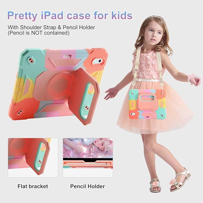 for iPad Air 11 Case (M3) 2025/ iPad Air 11 Case 2024 (M2) with Pen Slot/360 Rotating Grip Magic StandKeychain/Shoulder StrapFull-Body Rugged Cover for iPad Air 6th Generation (Colorful)