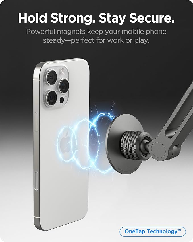 Spigen OneTap (Magfit) Adjustable and Flexible Phone Holder Clamp Stand with Magsafe Overhead Mount Bed Accessories Compatible with iPhone 16 15 14 13 12 Series &amp MagSafe Cases - Space Gray