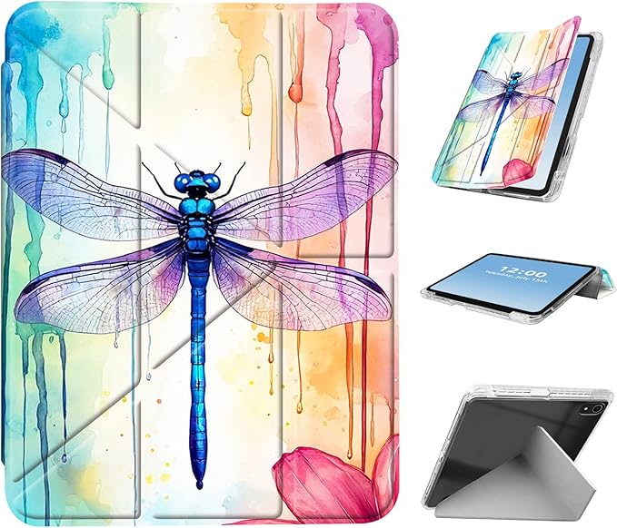 for iPad mini 7 A17 Pro 2024/iPad Mini 6 2021 Case with Pencil HolderFoldable Y-Shaped CoverStylish Clear Multi-Angle Viewing&ampAuto Sleep/Wake Rainbow Dragonfly Art Tablet Case