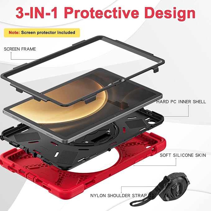 BRAECN for Samsung Galaxy Tab A9 Plus Case 11 Inch 2023 Shockproof Hard Duty Case with Screen Protector &amp360 Rotating Stand&ampHand Strap/Shoulder Strap for Galaxy A9 Plus Tablet-Black