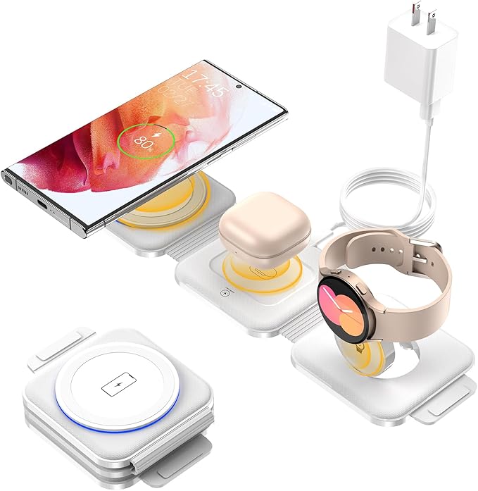 Pocket Wireless Charging Station for Samsung Android Devices Foldable Travel Charger Pad for Samsung S25 S24 S23 Ultra Z Flip Fold 6 Wireless Watch Charger for Galaxy Watch 7/6 for Buds 3 Pro-White