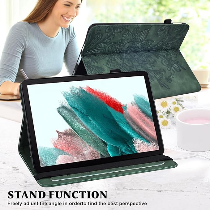 Case for Samsung Galaxy Tab A11+/A11 Plus /A9+/A9 Plus 2025/2023 5G 11 Inch Embossed Lace PU Leather Stand Cover with Elastic Band Card Slots Pen Holder &amp Multi-Angle Viewing - Green