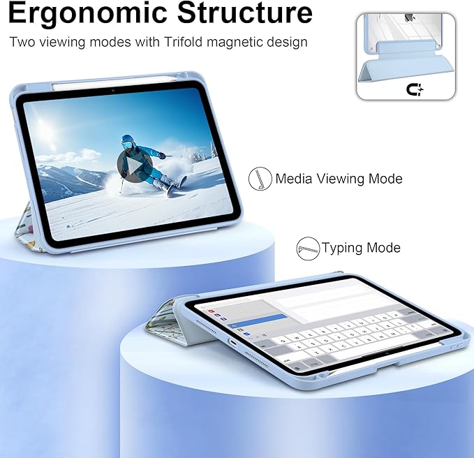 DONGKE for iPad Pro 11-Inch Case (M5 2025 / M4 2024) 6th/5th Generation [Auto Sleep/Wake &amp Pencil Pro Holder] Clear Acrylic Back Smart Trifold Stand Cover Blue Botanical Wildflower