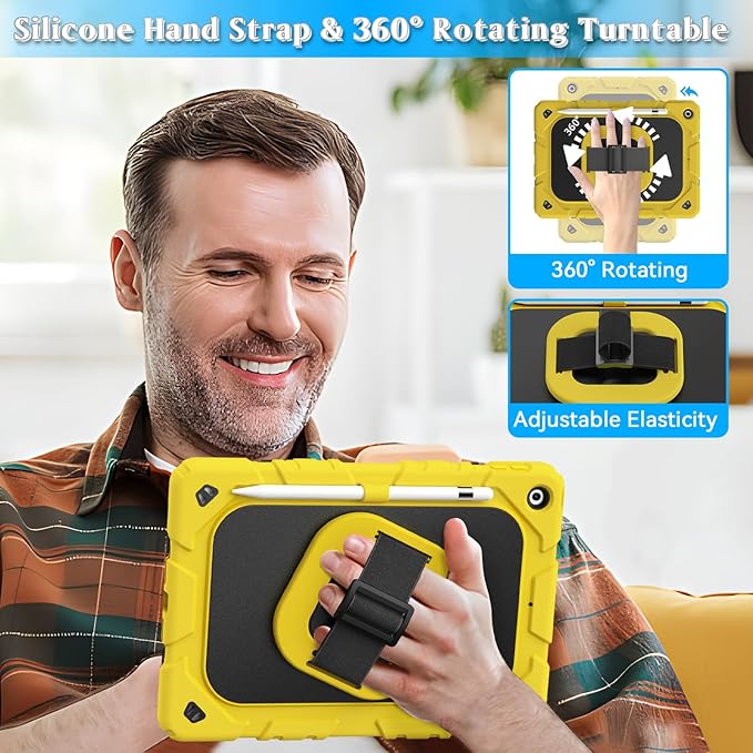 Grifobes for iPad 9th/8th/7th Generation Case for iPad 10.2 Inch 2021/2020/2019 Case Cover with Screen Protector 360°Rotate Stand Hand &amp Shoulder Strap Pencil Holder for Kids Yellow Black