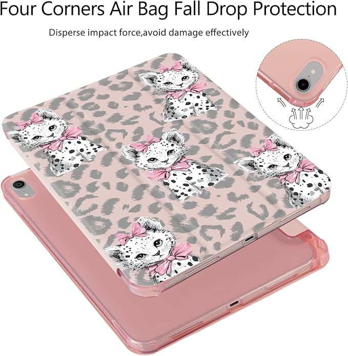 Girly Cute Cheetah Cub Bow for iPad Air 11 Inch Case M3 2025 7th /M2 2024 6th Gen[Pencil Holder+Auto Sleep/Wake]Slim Stand Soft Leather TPU Back Smart CoverPink