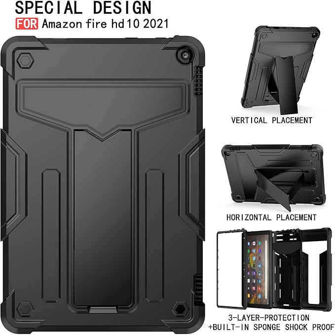 Dteck Case for Fire HD 10/HD 10 Plus Tablet (2021 Release 11th Generation) - Kids Friendly Shockproof EVA Case Convertible Stand Full Body Rugged Protective Cover Black